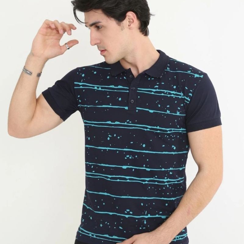 Erkek polo Yaka tişört Slim Fit Pike Çizgili  Kısa kol T-Shirt - Lacivert